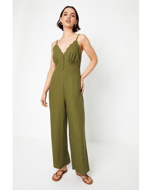Oasis Green Linen Scallop Edge Button Down Strappy Jumpsuit