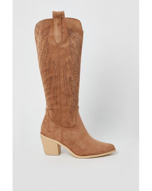 Oasis Brown Judie Unlined Stitch Detail High Leg Western Boots