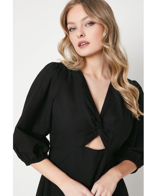 Oasis Black Cotton Poplin Knot Front Puff Sleeve Midi Dress