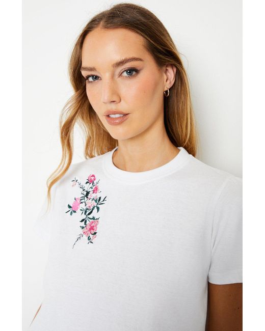 Oasis White Floral Embroidered Gathered Sleeve Tshirt