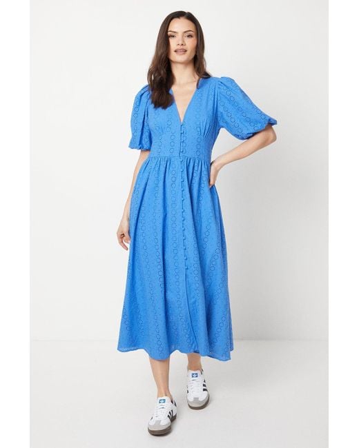 Oasis Blue Broderie Puff Sleeve Button Through Midi Dress