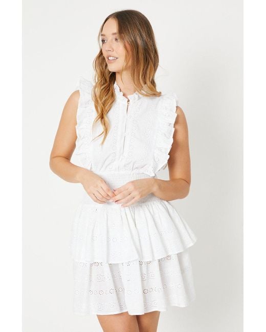 Oasis White Broderie Frill Detail Shirred Waist Mini Dress