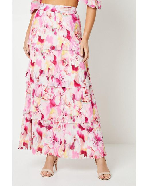 Oasis Pink Floral Pleated Tiered Maxi Skirt