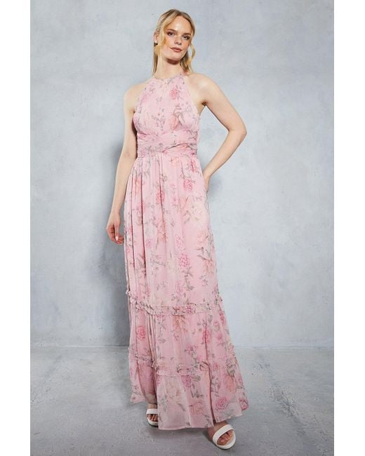 Oasis Pink Soft Floral Halter Neck Maxi Bridesmaids Dress