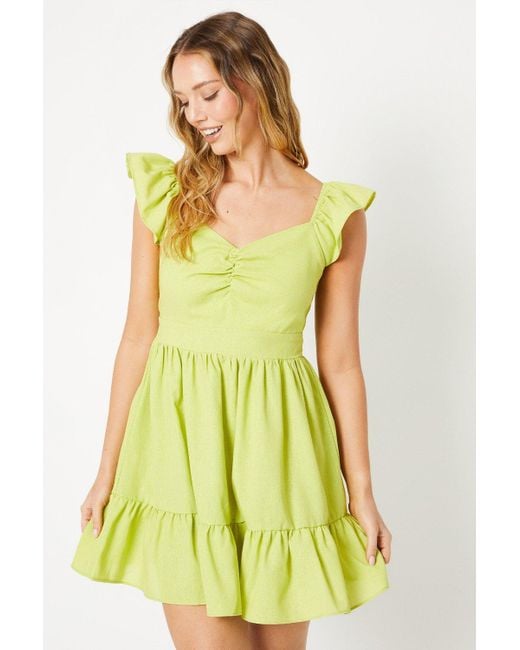 Oasis Yellow Linen Frill Shoulder Gathered Bust Mini Dress