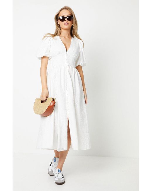 Oasis White Broderie Puff Sleeve Button Through Midi Dress