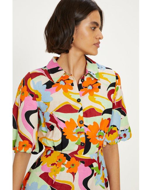 Oasis Orange Linen Mix Floral Puff Sleeve Mini Shirt Dress