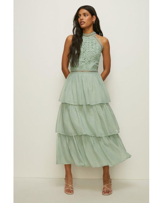 Oasis Green Lace Tiered Halter Neck Midi Dress