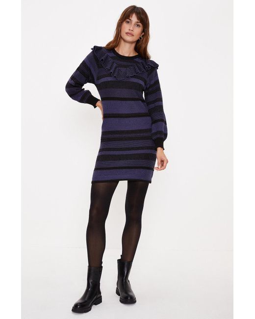 Oasis Blue Frill Detail Textured Stripe Jumper Dress