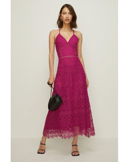 Oasis Pink Premium Geo Lace Strappy V Neck Midi Dress