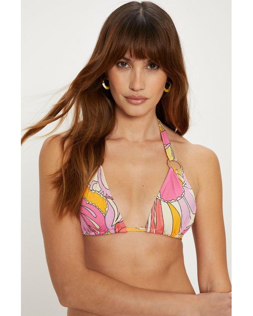 Oasis Pink Abstract Ring Detail Metallic Textured Bikini Top