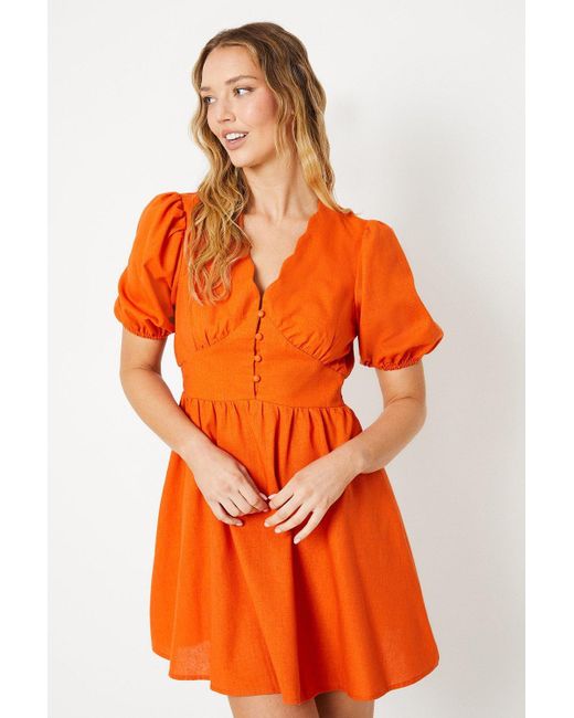 Oasis Orange Linen Scallop Edge Button Down Mini Dress