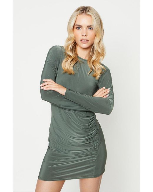 Oasis Green Petite Ruche Side Long Sleeve Mini Dress