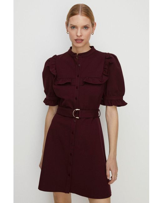 Oasis Red Premium Ponte Ruffle Detail Belted Mini Dress