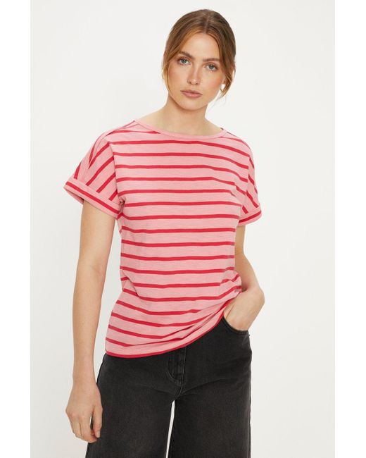 Oasis Pink Essential Cotton Tonal Stripe Roll Sleeve Slub T-shirt