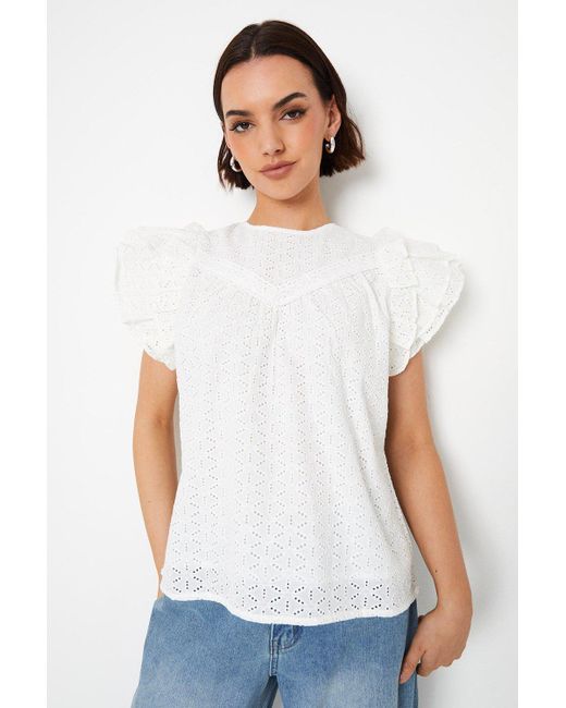 Oasis White Broderie Lace Trim Ruffle Sleeve Top