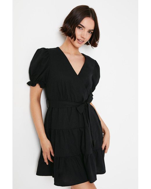 Oasis Black Linen Tiered Wrap Mini Dress