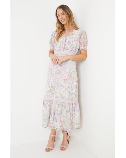 Oasis White Soft Floral Chiffon Lace Insert Midi Tea Dress