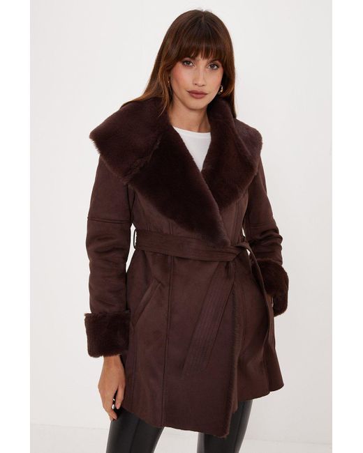 Oasis Brown Faux Shearling Collar Belted Short Coat