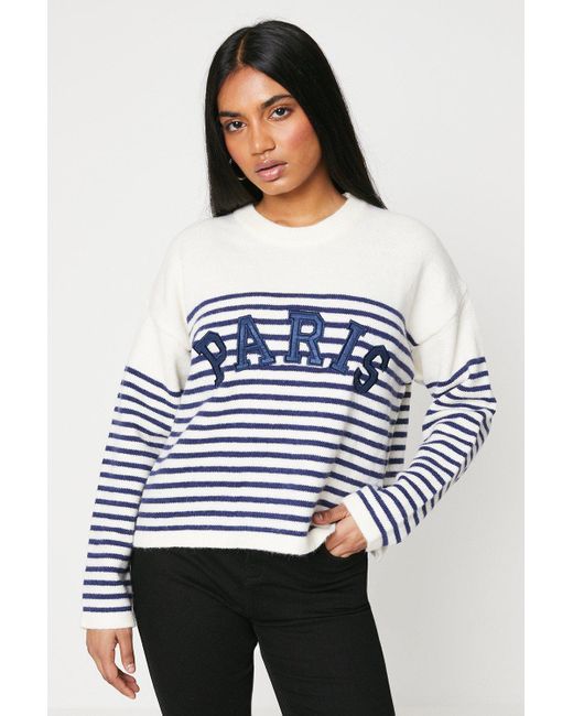 Oasis Gray Petite Bretton Stripe Slogan Sweater