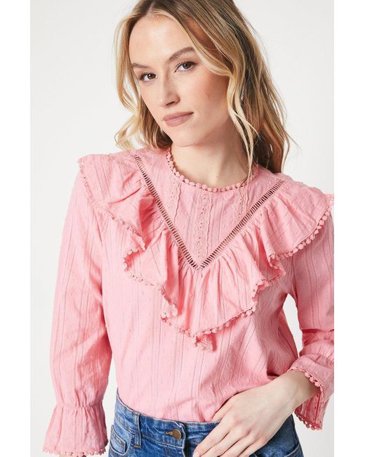 Oasis Pink Dobby Lace Insert Ruffle Detail Blouse
