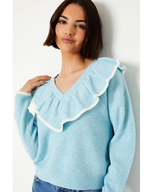 Oasis White Frill Collar V Neck Sweater