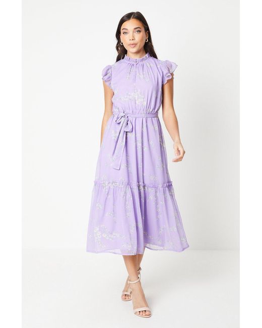 Oasis Purple Petite Ditsy Chiffon Frill Detail Belted Midaxi Dress