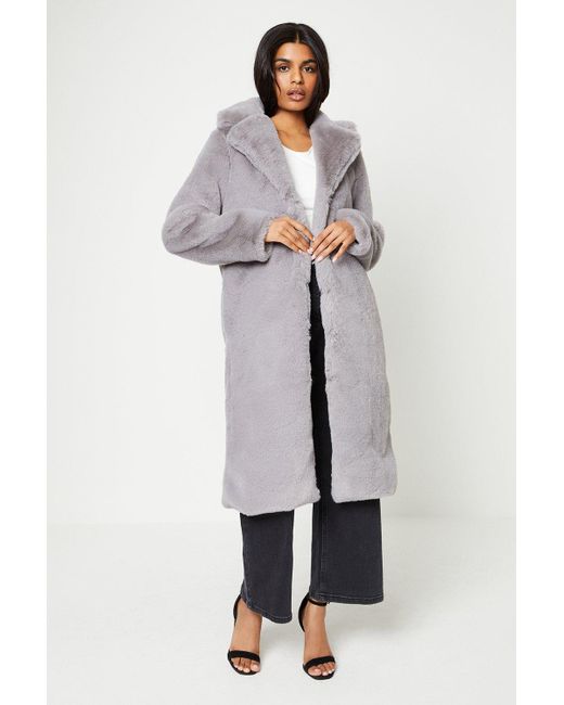Oasis Gray Petite Plush Faux Fur Open Collar Coat