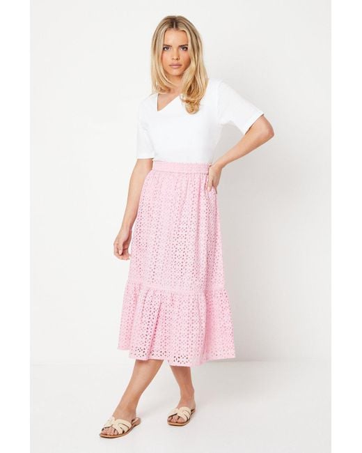 Oasis Pink Petite Broderie Midi Skirt