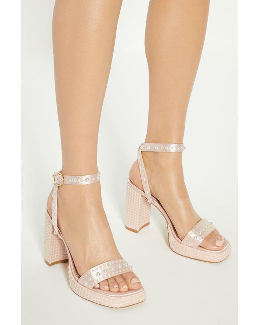 Oasis Natural Pearl Embellished Chunky Heeled Sandals