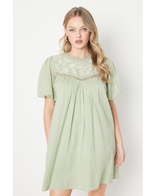 Oasis Green Floral Embroidered Puff Sleeve Mini Dress