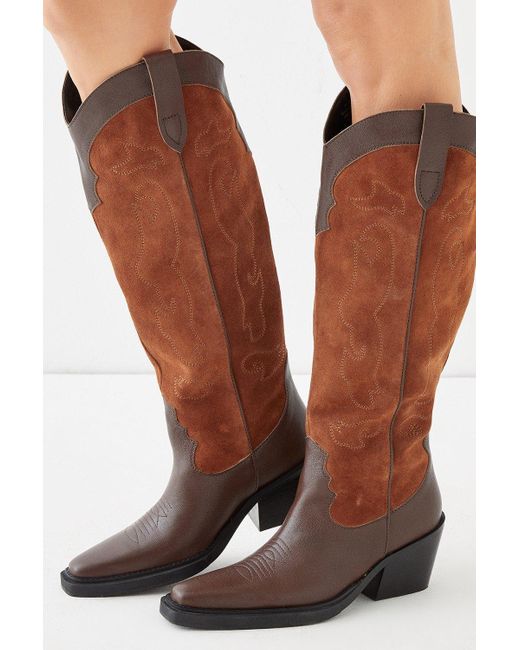 Oasis Natural Leather And Suede Stitch Detail Western Knee Boot