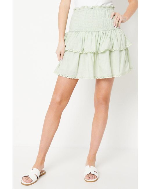 Oasis Green Cotton Lace Trim Shirred Tiered Mini Skirt
