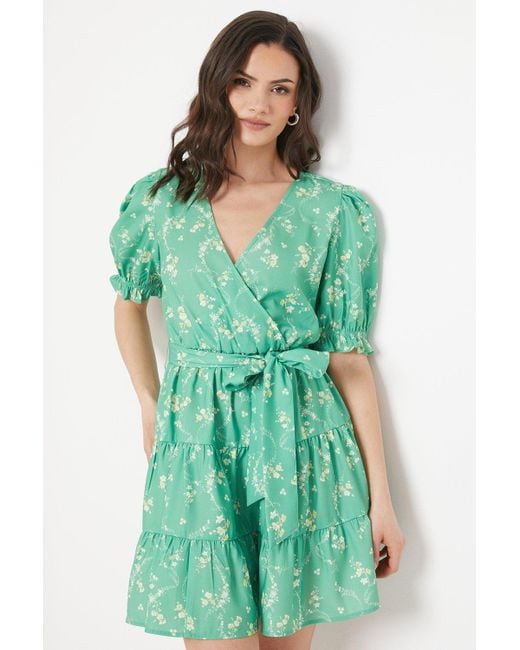 Oasis Green Ditsy Floral Crepe Wrap Front Belted Mini Dress