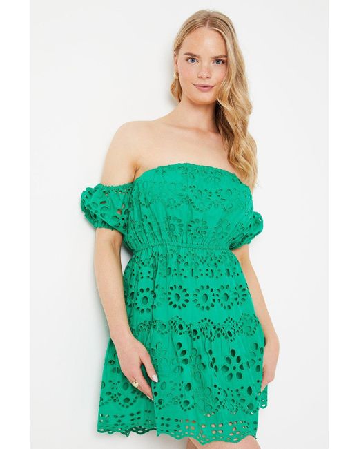 Oasis Green Bardot Broderie Mini Dress