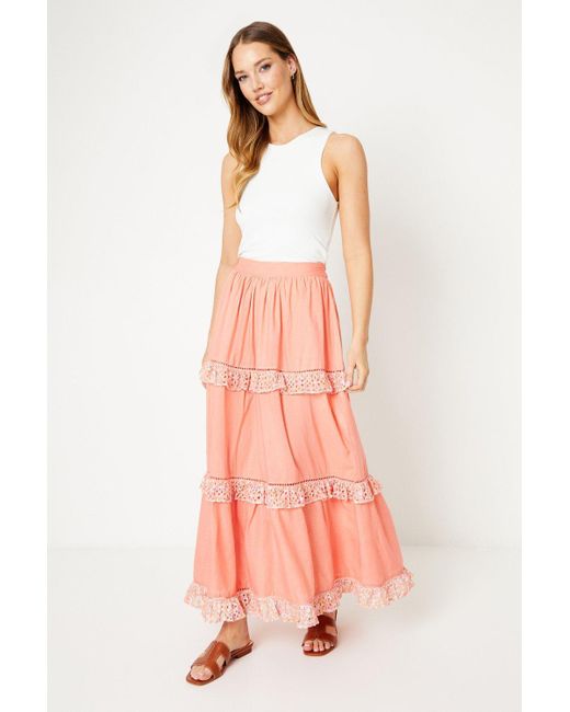 Oasis Pink Printed Broderie Trim Maxi Skirt