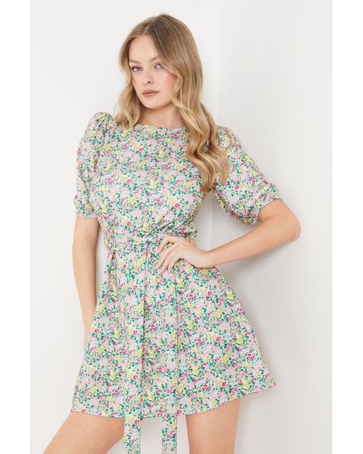 Oasis Blue Ditsy Floral Scuba Crepe Puff Sleeve Mini Swing Dress