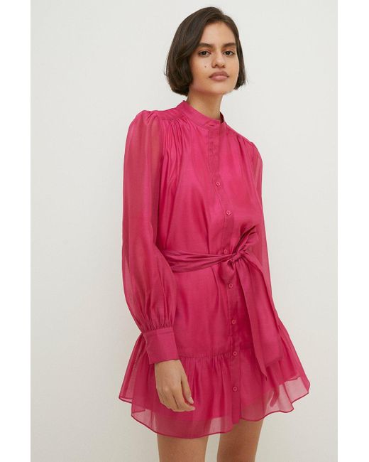 Oasis Red Long Sleeve Organza Mini Shirt Dress
