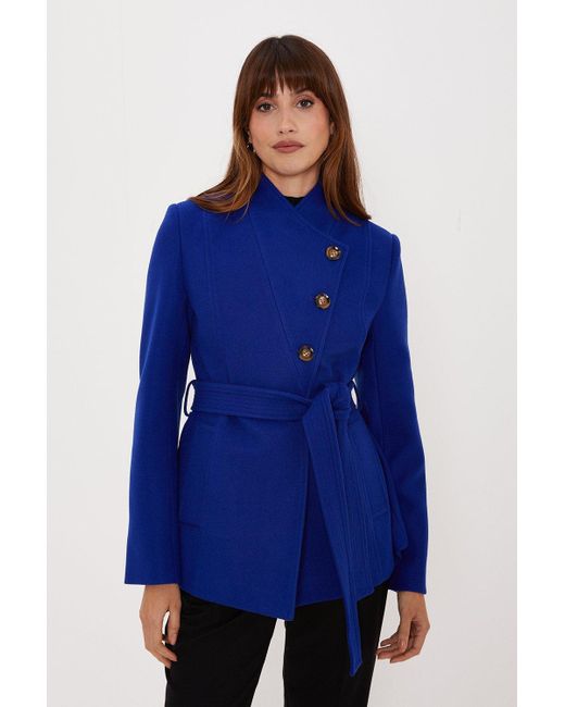 Oasis Blue Belted Button Through Short Wrap Coat