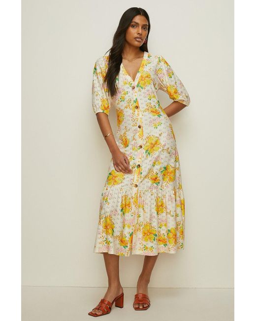 Oasis Yellow Floral Printed Broderie Tiered Midi Dress