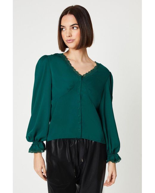 Oasis Green Lace Trim Button Front Top