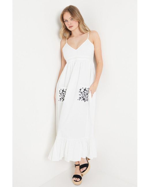 Oasis White Cotton Poplin Floral Embroidered Pocket Midi Dress