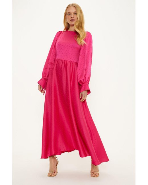 Oasis Pink Plain Satin Jacquard Spot Tie Cuff Midi Dress
