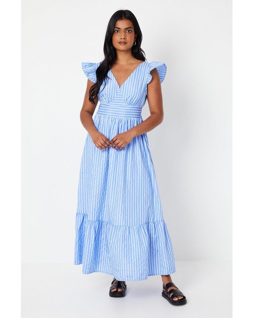 Oasis Blue Striped Cotton Poplin Frill Shoulder Midaxi Dress