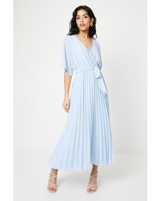 Oasis Blue Petite Occasion Kimono Sleeve Pleated Midi Dress
