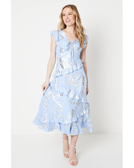 Oasis Blue Occasion Foil Ruffle Midaxi Dress