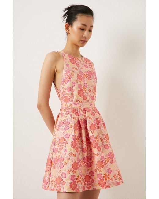 Oasis Pink Floral Jacquard Halter Swing Dress