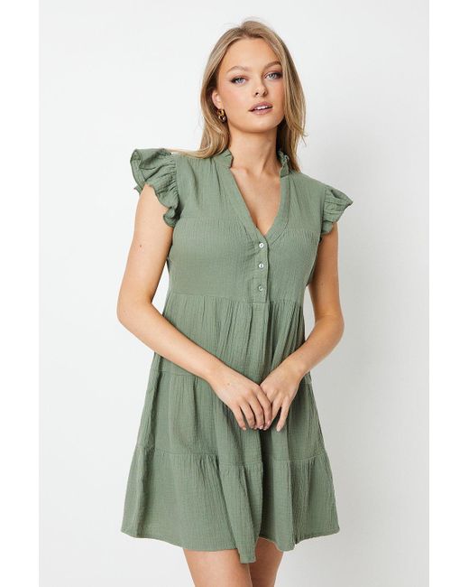 Oasis Green Textured Muslin Frill Sleeve Tiered Mini Dress