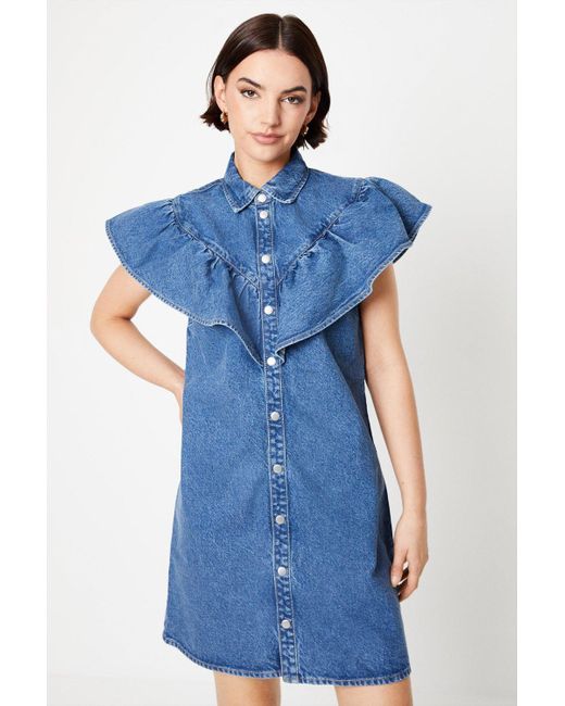 Oasis Blue Ruffle Detail Sleeveless Denim Mini Dress