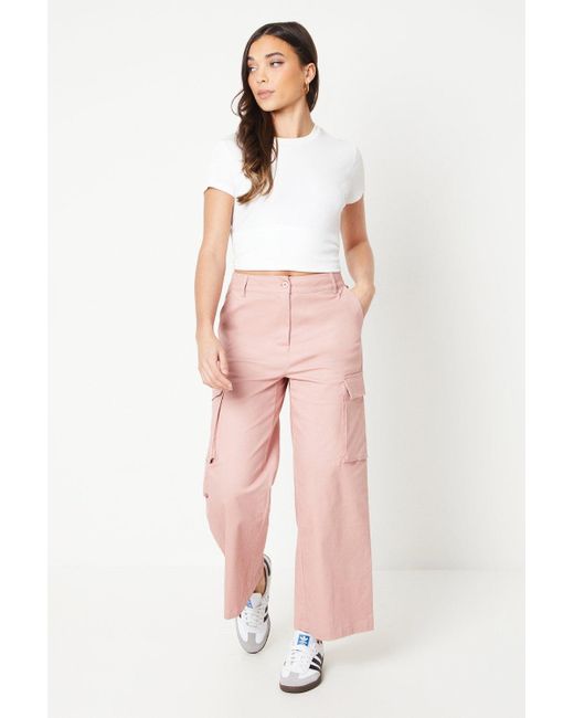 Oasis Pink Petite Twill Cargo Pocket Detail Wide Leg Trousers